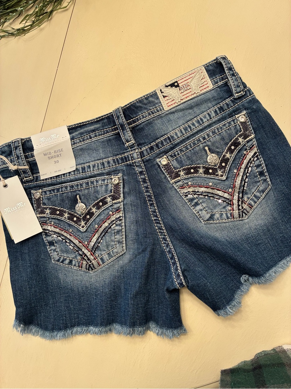 Miss Me Dark Wash Embellished Denim Shorts with Red & White Written in the Stars
